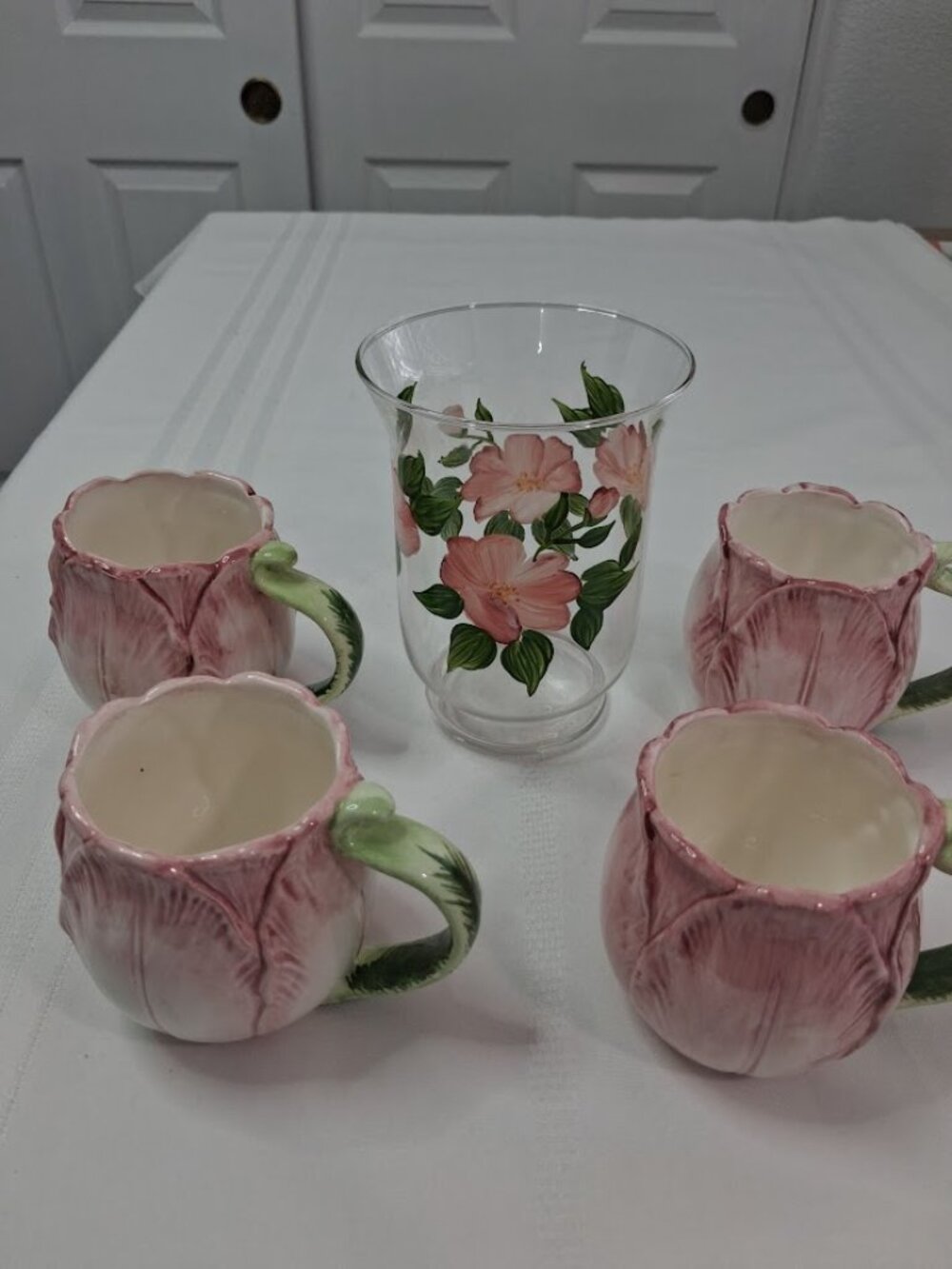 Set of Four Pink Floral Ceramic Mugs and Painted Pink Flower Vase